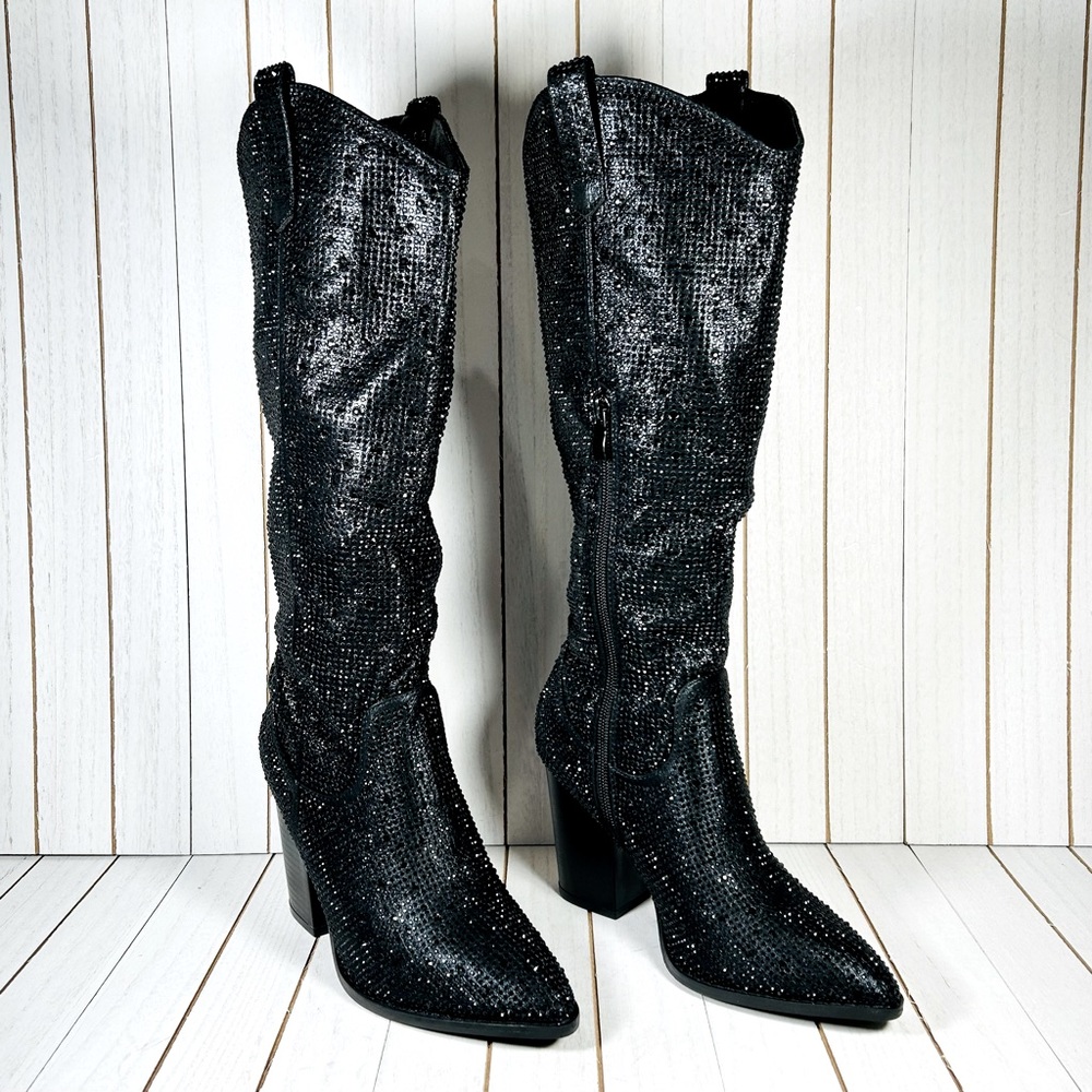 TOP Moda Black Sequin Knee-High Heeled Boots